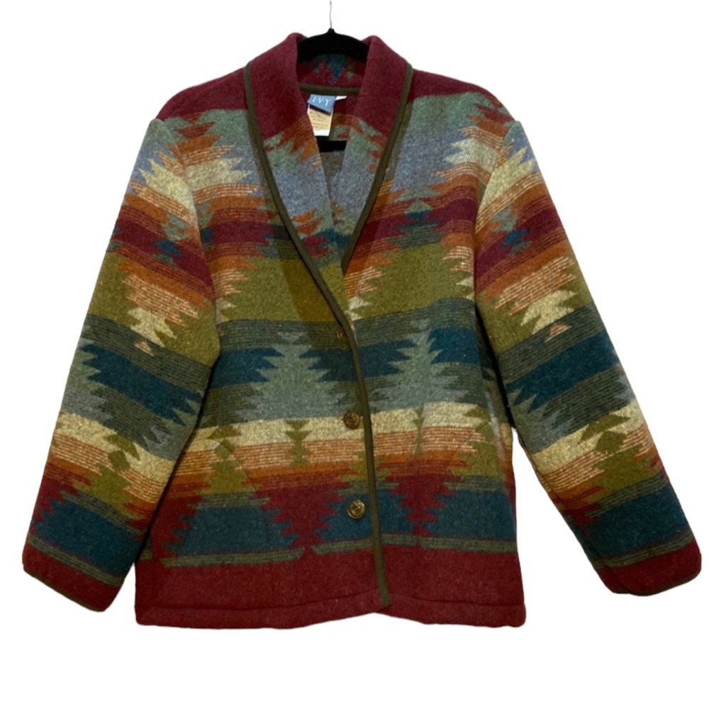 IVY Southwestern Blanket Jacket Wool Blend Unlined Coat Side Pockets Vintage